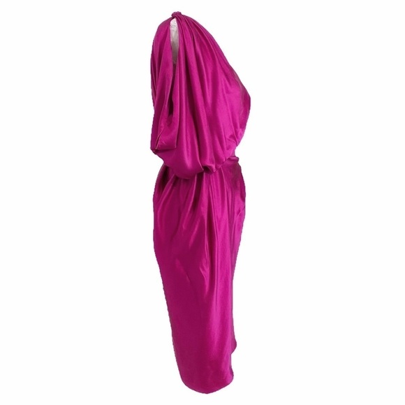 LANVIN 100% SILK FUCHSIA PINK ONE SLEEVE DRAPED BELTED COCKTAIL FORMAL DRESS - Picture 2 of 10